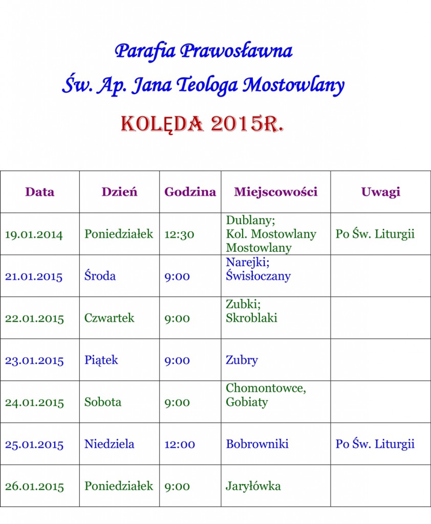 KOLĘDA 2015r